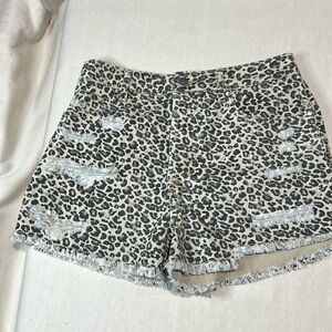 easel Leopard Print Distressed Jean Shorts in Black and Cream